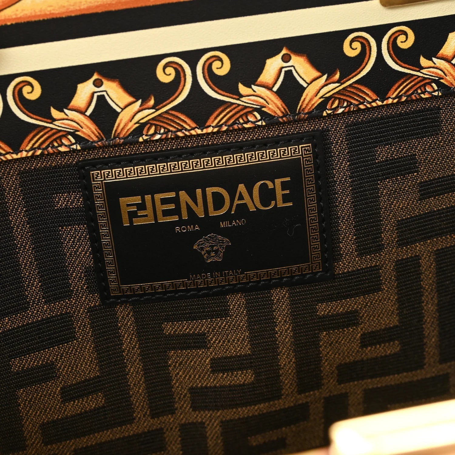 X VERSACE Calfskin Plexiglass Fendace FF Baroque Print Medium  Sunshine Shopper Tote Black Gold