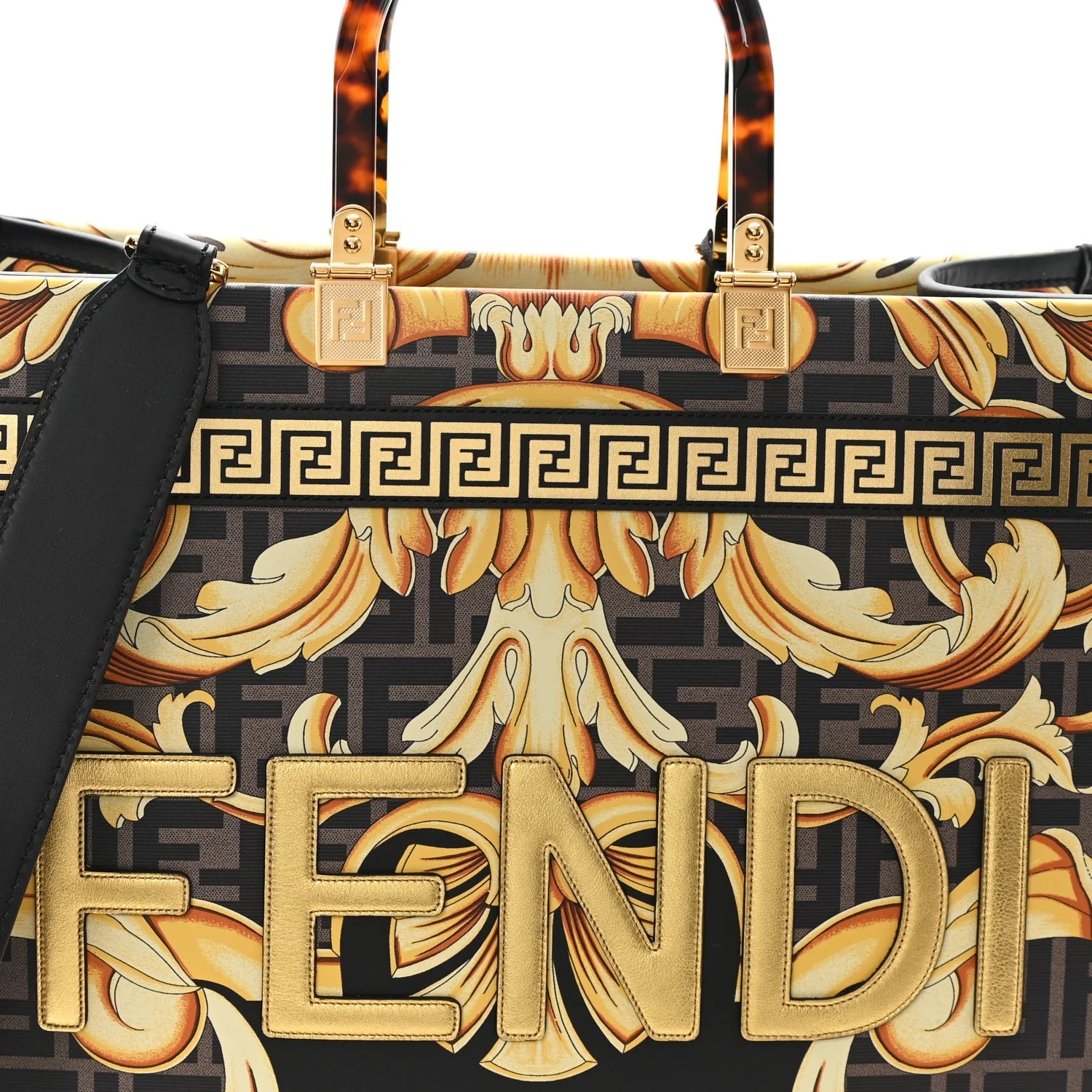 X VERSACE Calfskin Plexiglass Fendace FF Baroque Print Medium  Sunshine Shopper Tote Black Gold