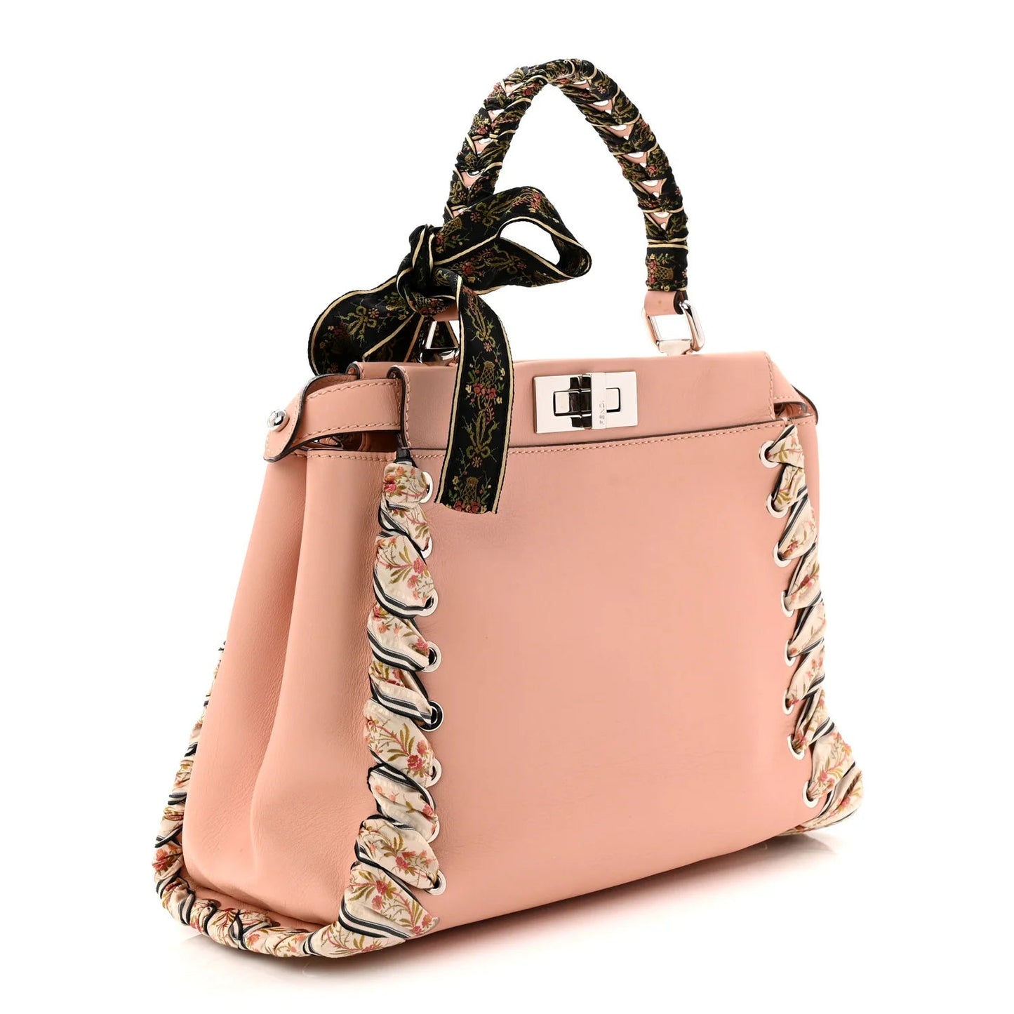 Vitello Seta Shiny Nappa Ribbon Lace up Floral Medium Peekaboo Iconic Satchel Baby Pink Multicolor
