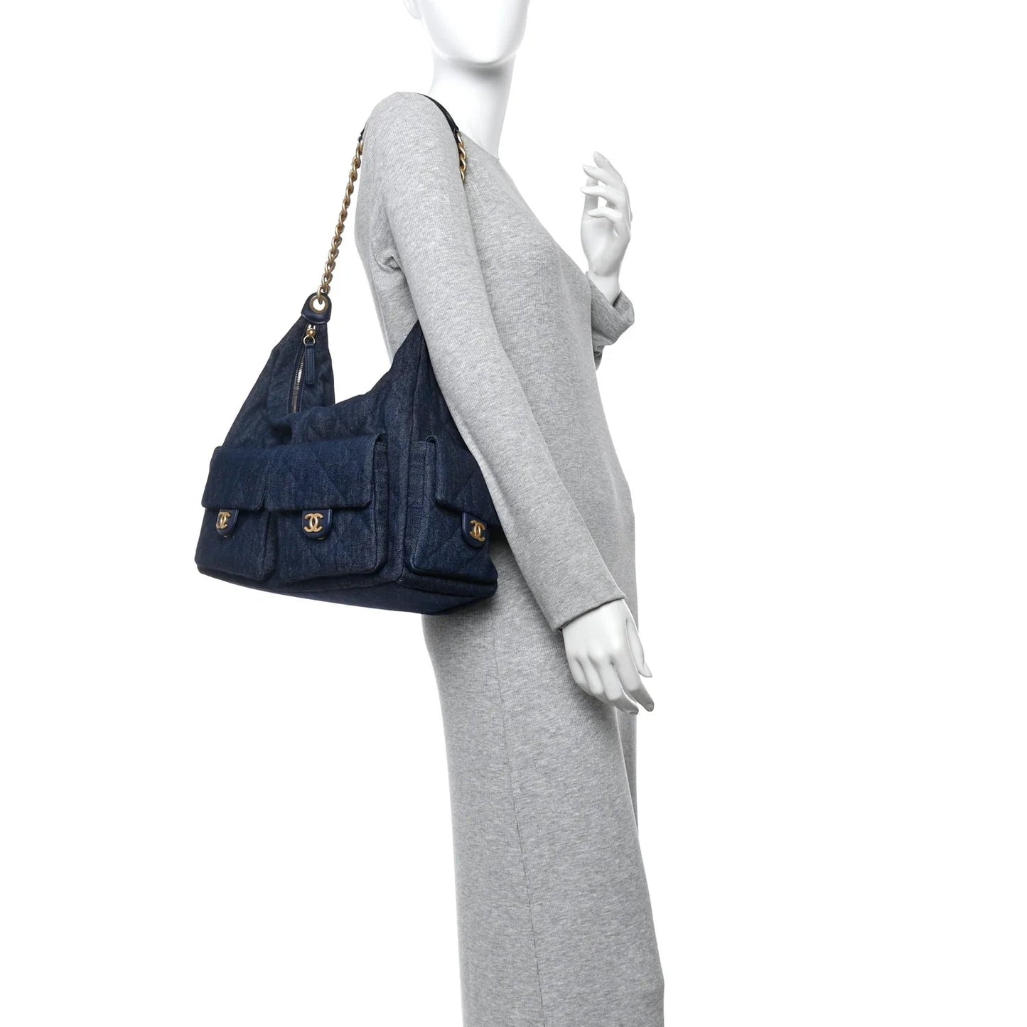 Washed Denim Quilted Maxi Trendy Pockets Hobo Dark Blue