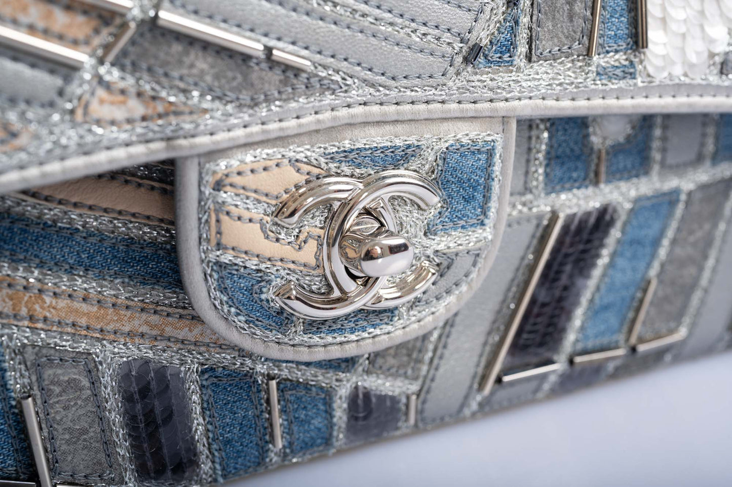 Chanel Medium Classic Double Flap Embroidered Patchwork Denim, Sequin and Silver Lambskin Silver Hardware