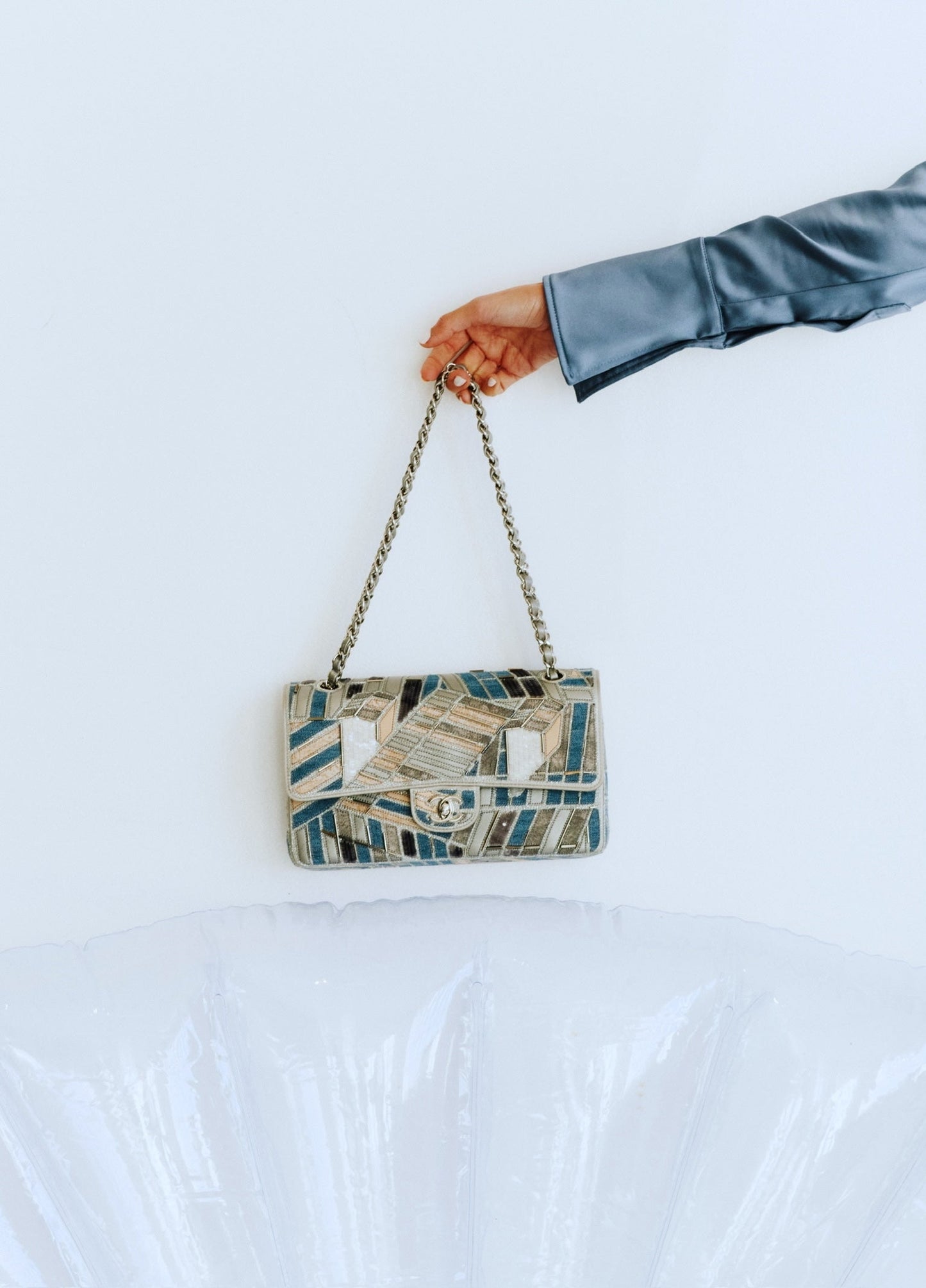 Chanel Medium Classic Double Flap Embroidered Patchwork Denim, Sequin and Silver Lambskin Silver Hardware