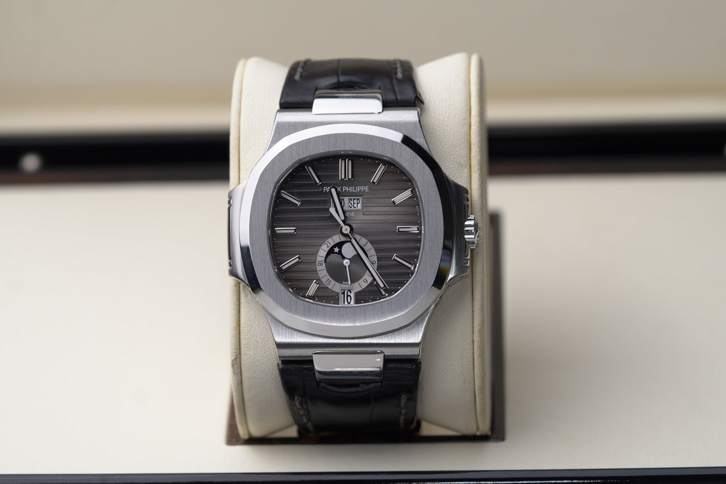 Patek Philippe Nautilus 40.5 mm Black Dial Stainless Steel   Leather Strap 5726A-001