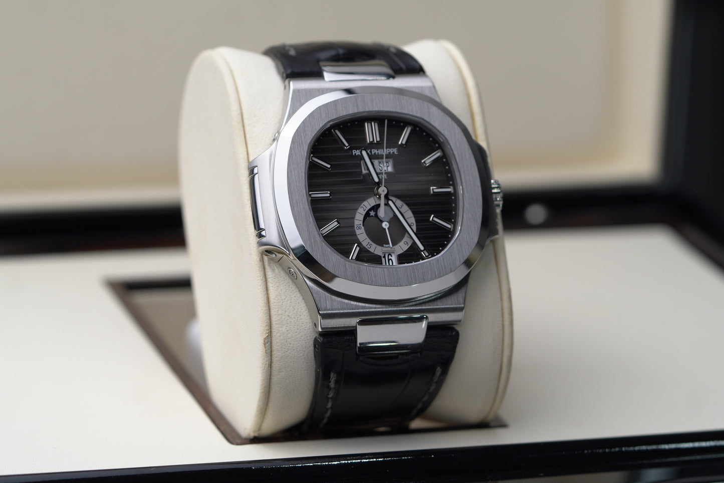Patek Philippe Nautilus 40.5 mm Black Dial Stainless Steel   Leather Strap 5726A-001