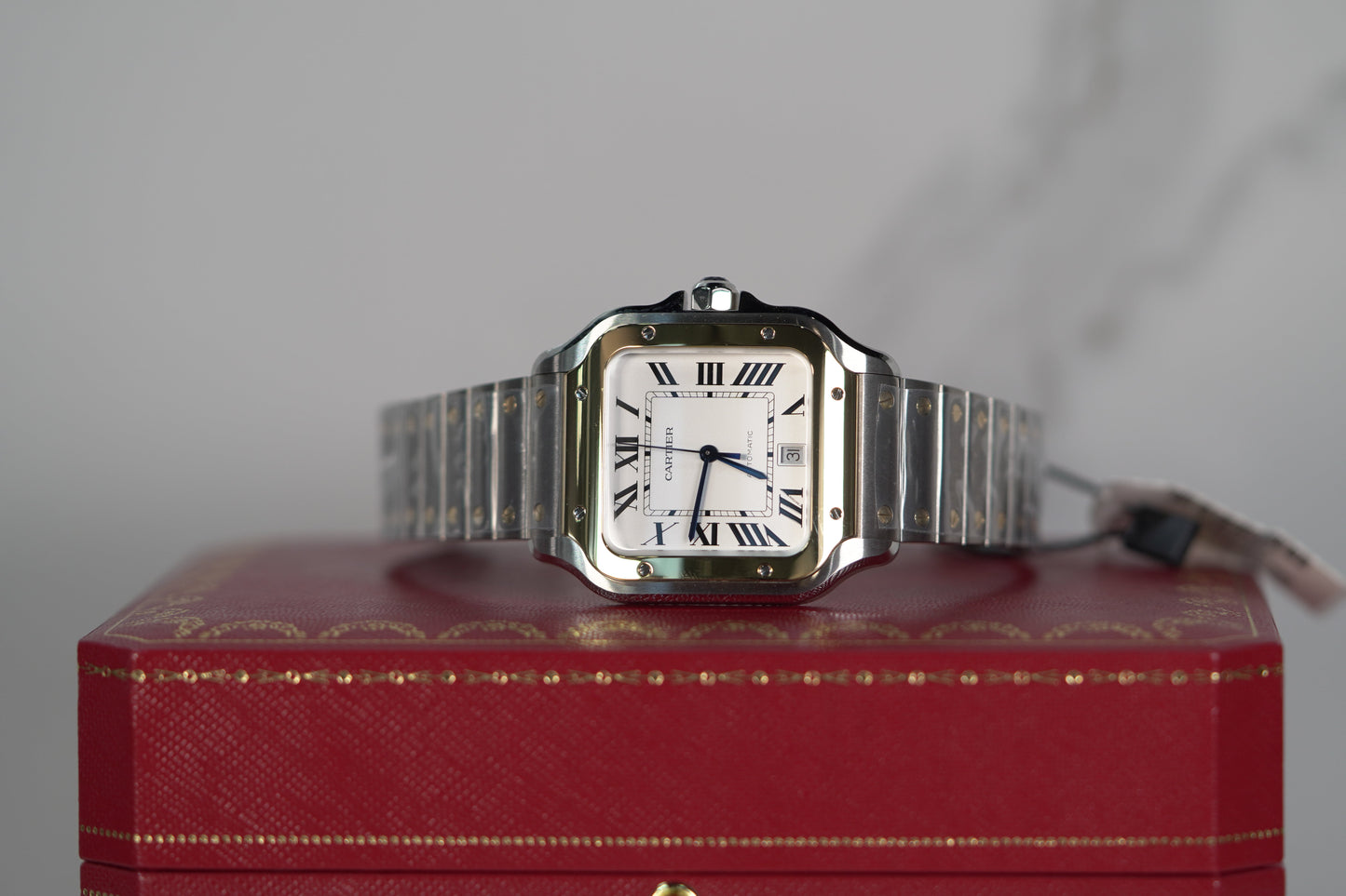 Cartier Santos Large 47.5 mm x 39.8 mm Yellow Gold Silver Dial Steel Bracelet W2SA0009