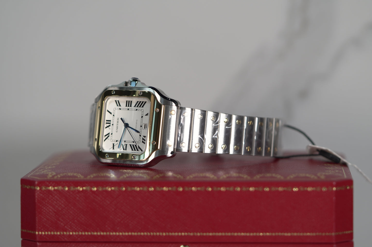 Cartier Santos Large 47.5 mm x 39.8 mm Yellow Gold Silver Dial Steel Bracelet W2SA0009