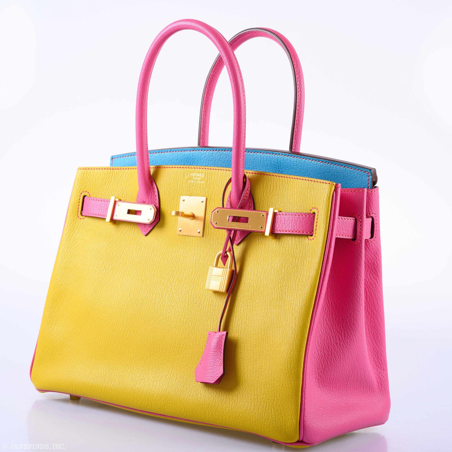 Hermès Birkin 30 HSS Rose Lipstick, Blue Aztec & Cumin Chevre Leather Brushed Gold Hardware - 2014, R Squared