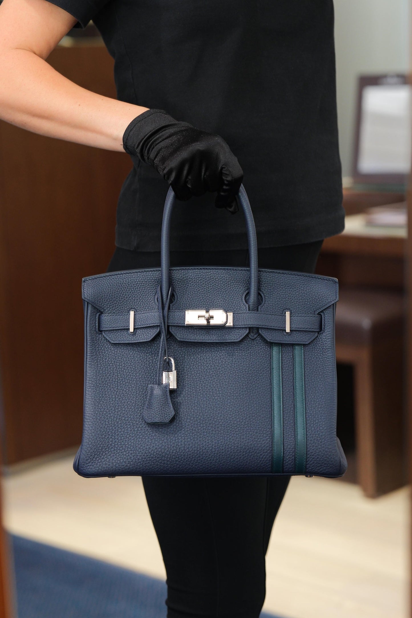 Hermès Birkin 30 Officier Bleu Nuit and Vert Cypress Togo Palladium Hardware