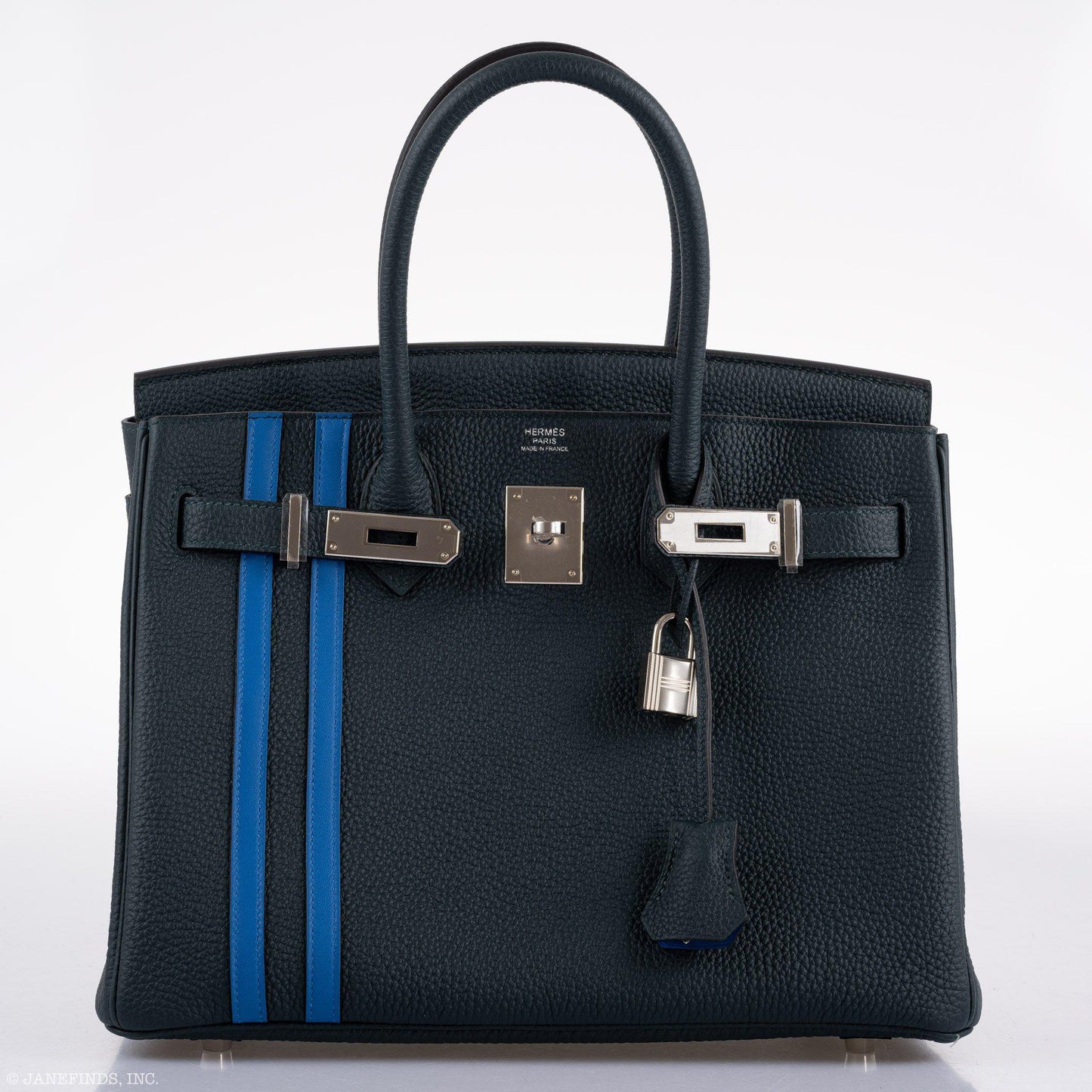 Hermès Birkin 30 Officier Vert Cyprès Togo & Bleu Zellige Stripe & Lining Palladium Hardware