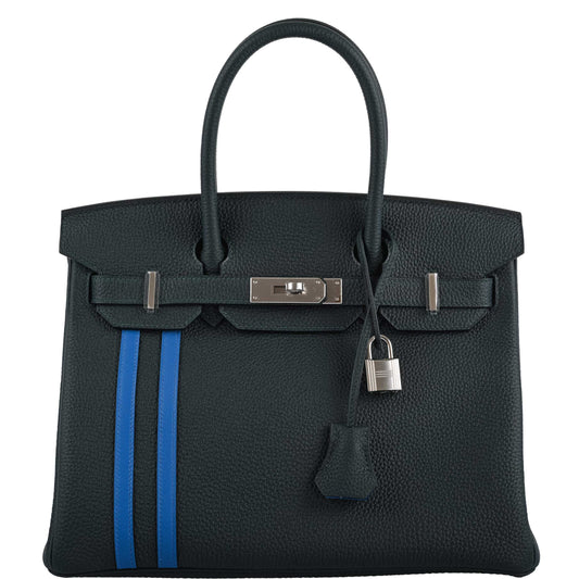 Hermès Birkin 30 Officier Vert Cyprès Togo & Bleu Zellige Stripe & Lining Palladium Hardware