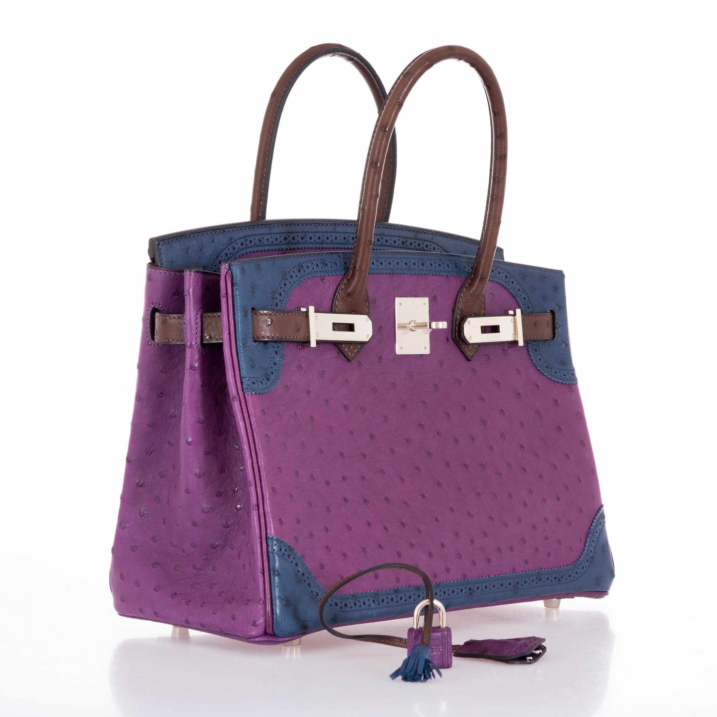 Hermès Birkin 30 Tri Color Ostrich Violine Blue De Malt And Marron Palladium Hardware