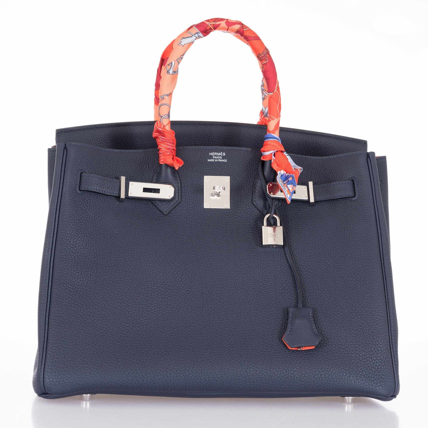 Hermès Birkin 35 Blue Nuit Verso Orange Poppy Togo Palladium Hardware