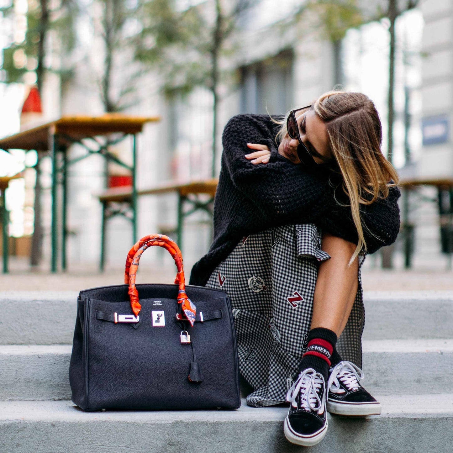 Hermès Birkin 35 Verso Blue Nuit Orange Poppy Togo Palladium Hardware