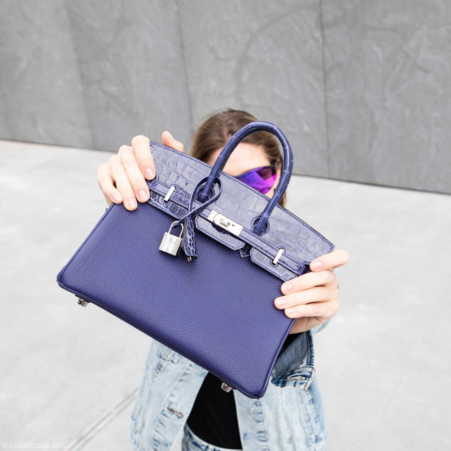 Hermès Birkin Touch 25 Blue Encre Togo & Niloticus Crocodile Palladium Hardware