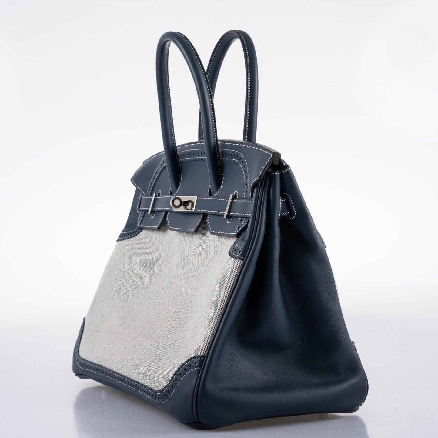 Hermès Ghillies Birkin 35 Blue de Prusse Swift & Toile with Palladium Hardware - 2014, R Square