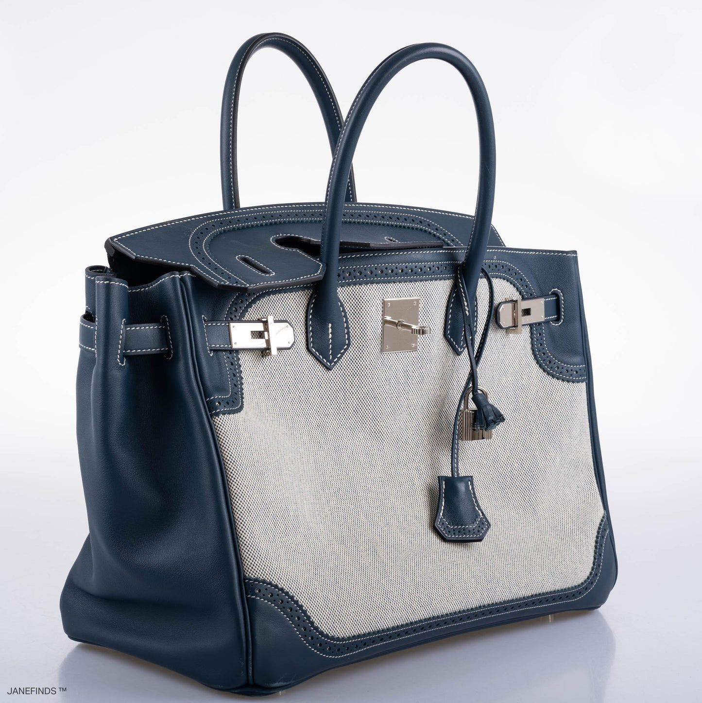 Hermès Ghillies Birkin 35 Blue de Prusse Swift & Toile with Palladium Hardware - 2014, R Square