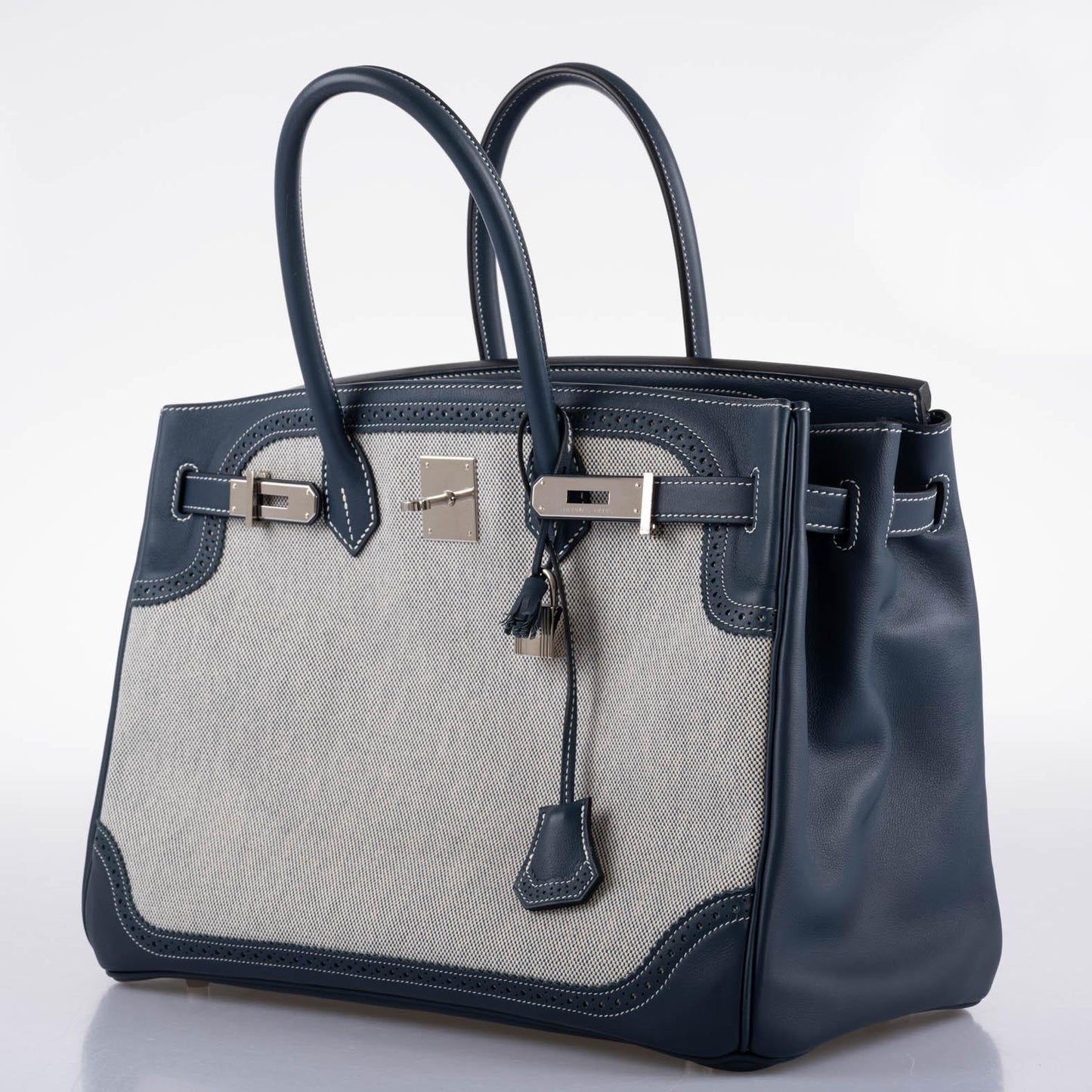 Hermès Ghillies Birkin 35 Blue de Prusse Swift & Toile with Palladium Hardware - 2014, R Square