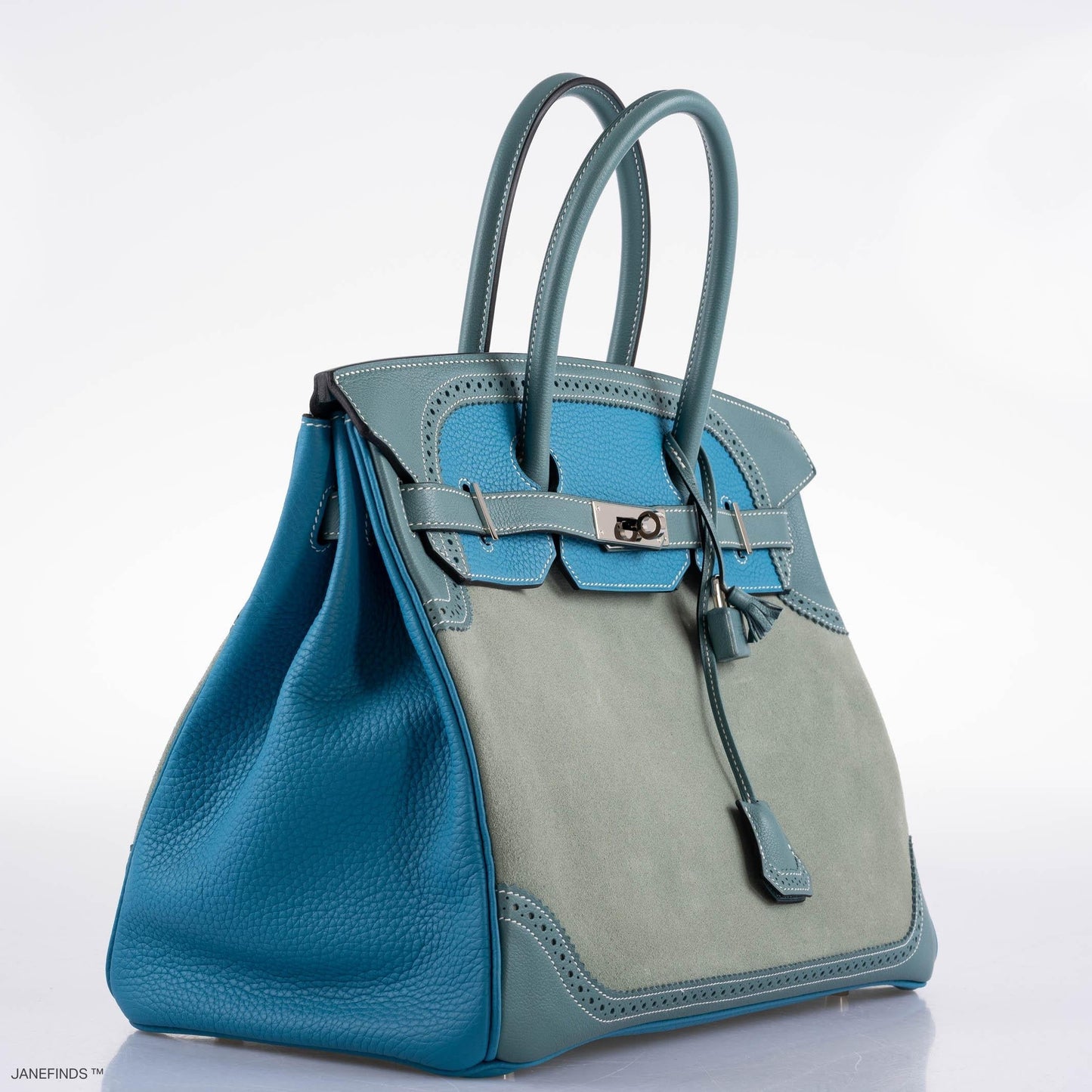 Hermès Ghillies Birkin 35 Ciel Doblis, Turquoise Togo and Bleu Jean Swift Palladium Hardware