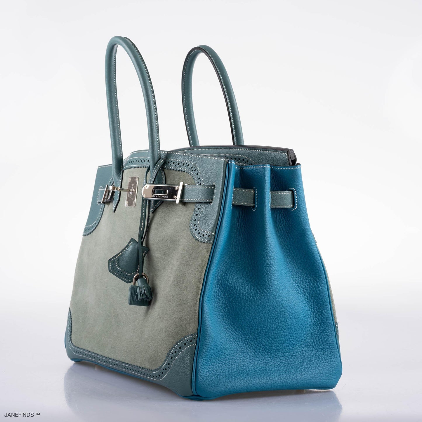 Hermès Ghillies Birkin 35 Ciel Doblis, Turquoise Togo and Bleu Jean Swift Palladium Hardware