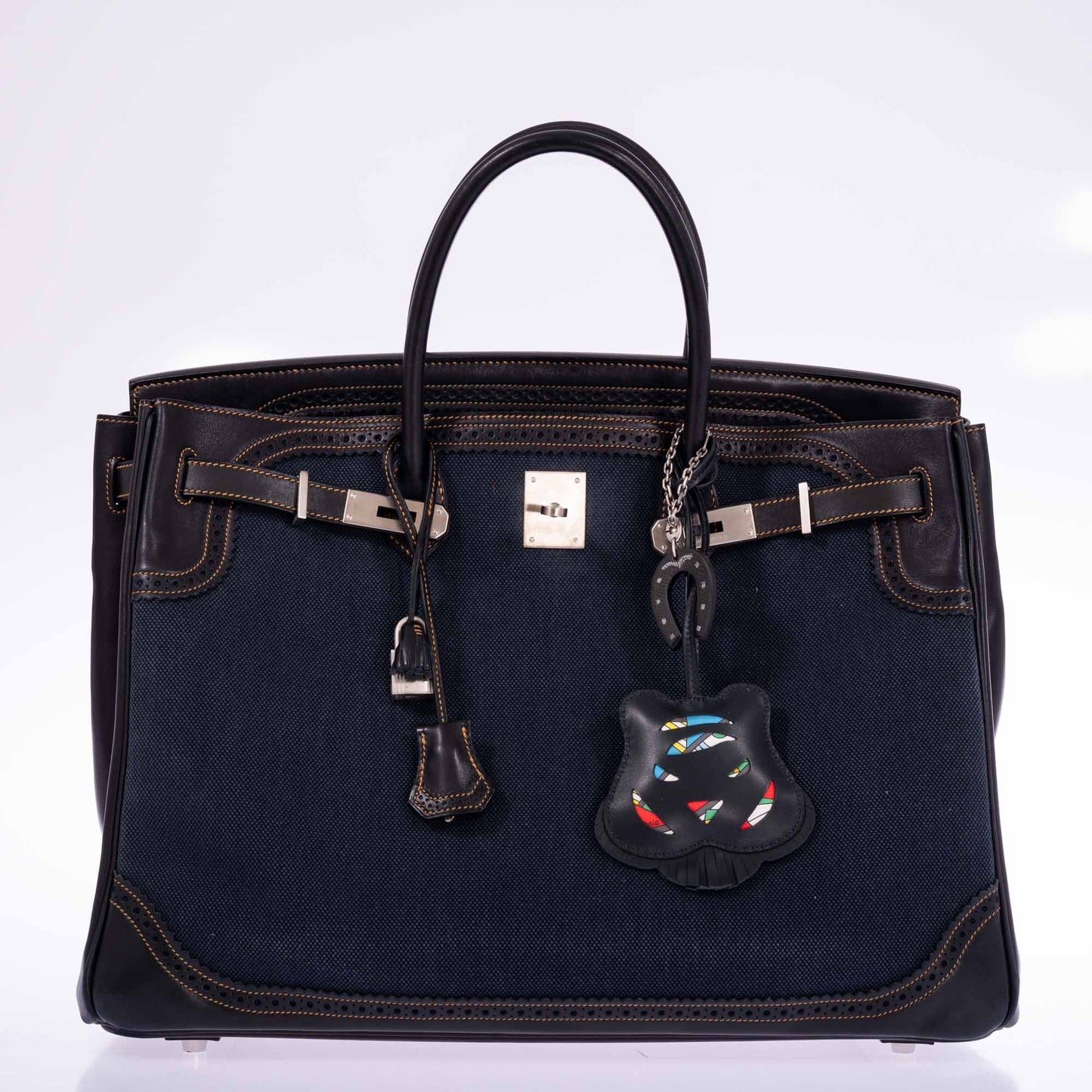 Hermès Ghillies Birkin 40 Indigo Denim and Black Tadelakt Brushed Palladium Hardware