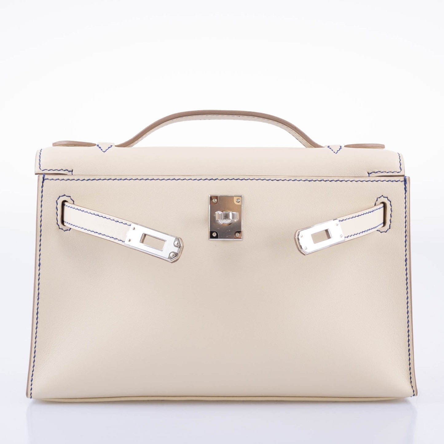 Hermès HSS Kelly Pochette Craie & Blue Electric Swift with Palladium Hardware - 2021, Z