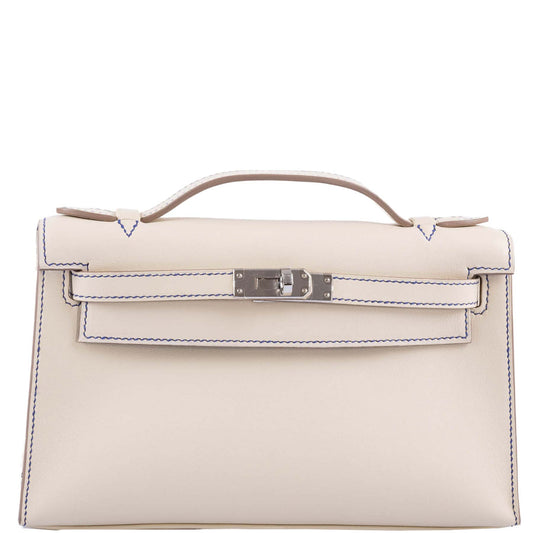 Hermès HSS Kelly Pochette Craie & Blue Electric Swift with Palladium Hardware - 2021, Z