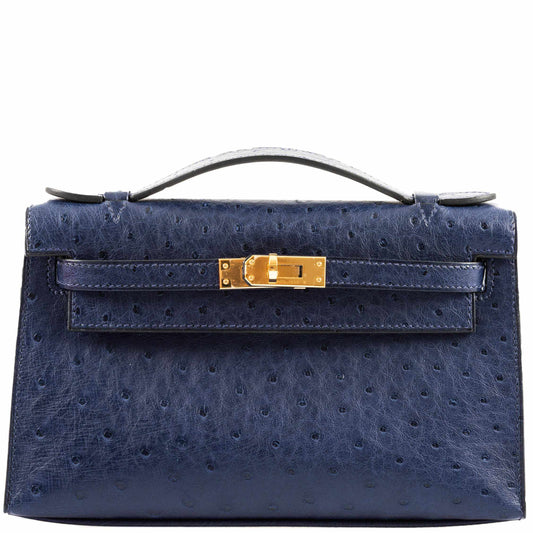 Hermès JPG Kelly Pochette Blue Iris Ostrich Gold Hardware