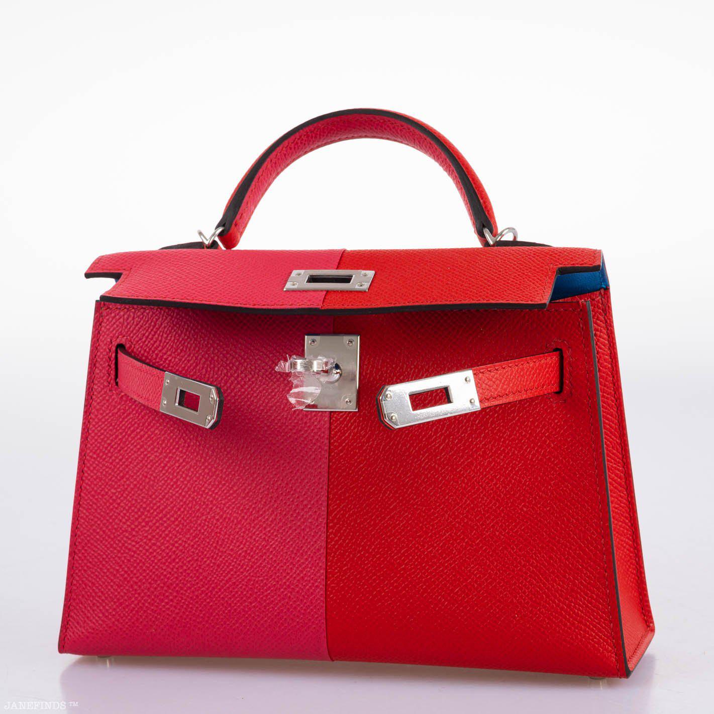 Hermès Kelly 20 Mini II Sellier Tri-color Rose Extreme, Rouge de Coeur, Bleu Zanzibar Epsom Palladium - 2021, Z