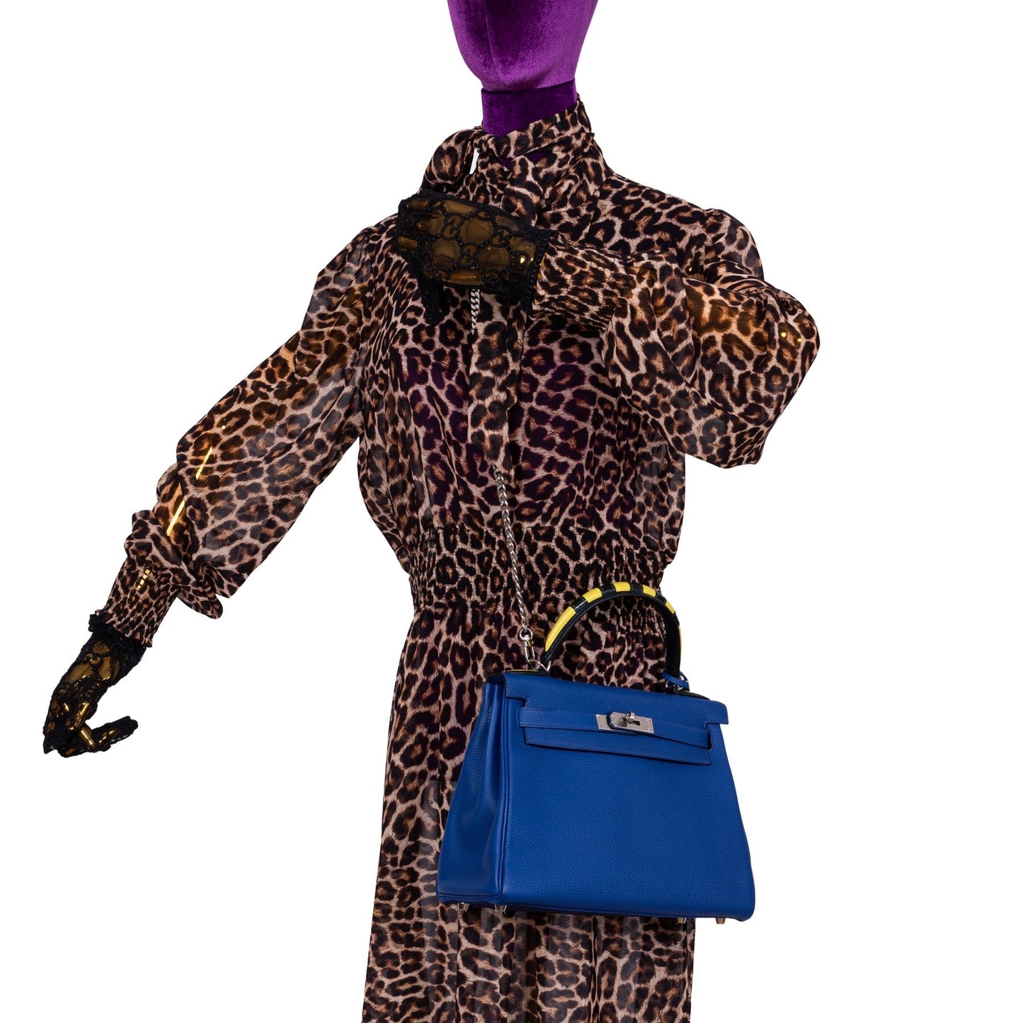 Hermès Kelly 28 Retourne Au Galop Blue Electric, Yellow and Black Togo Palladium Hardware