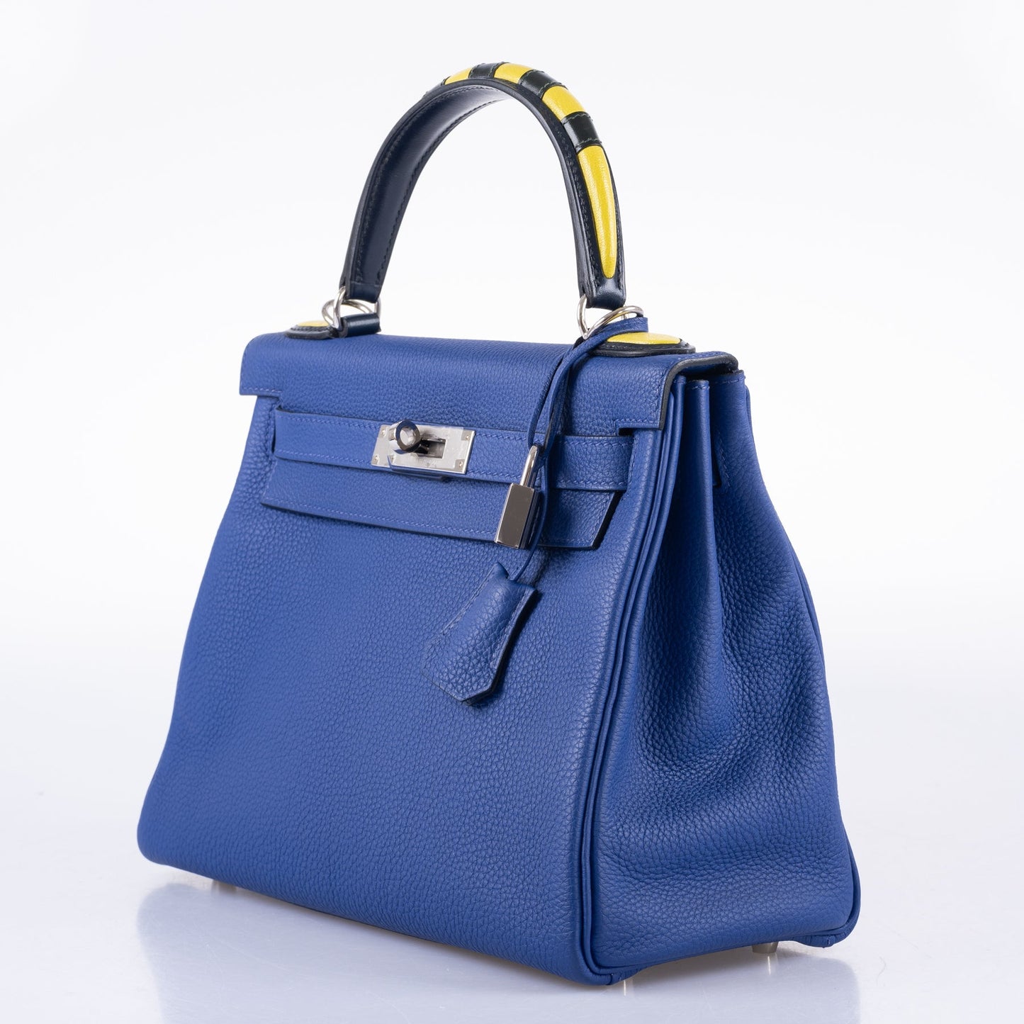 Hermès Kelly 28 Retourne Au Galop Blue Electric, Yellow and Black Togo Palladium Hardware