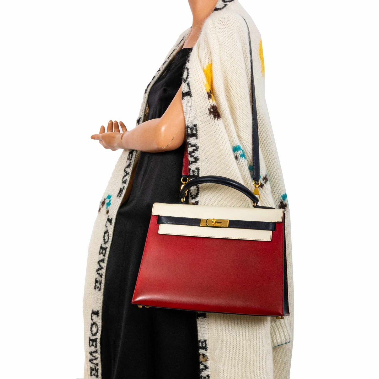 Hermès Kelly 32 Sellier Rouge Vif, Parchemin & Bleu Marine Calfbox Leather Gold Hardware - 1994