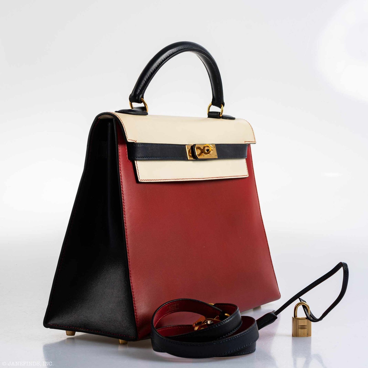 Hermès Kelly 32 Sellier Rouge Vif, Parchemin & Bleu Marine Calfbox Leather Gold Hardware - 1994