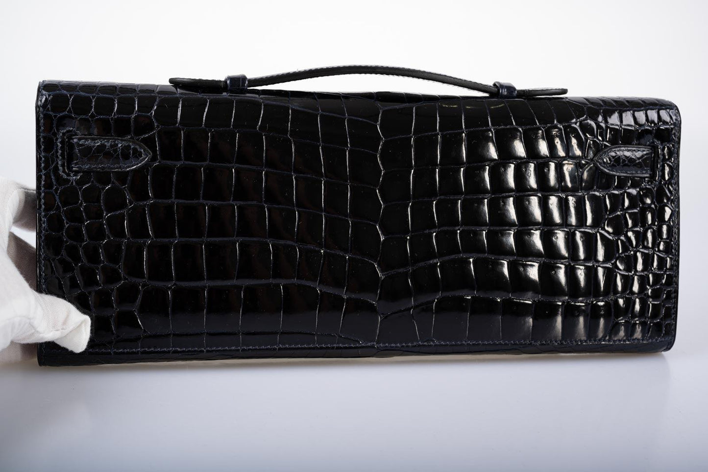 Hermès Kelly Cut Blue Marine Porosus Crocodile with Diamond and White Gold Hardware