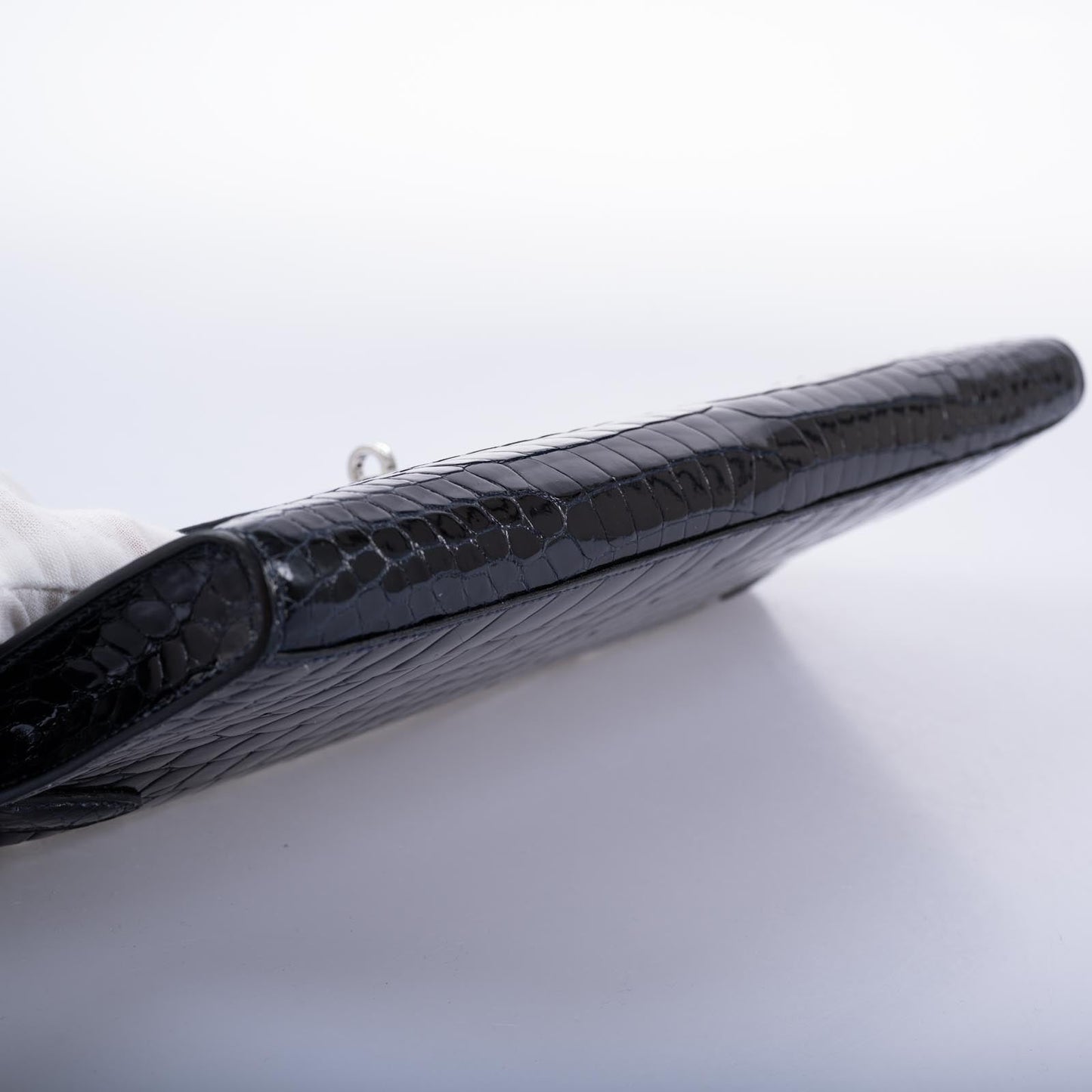 Hermès Kelly Cut Blue Marine Porosus Crocodile with Diamond and White Gold Hardware