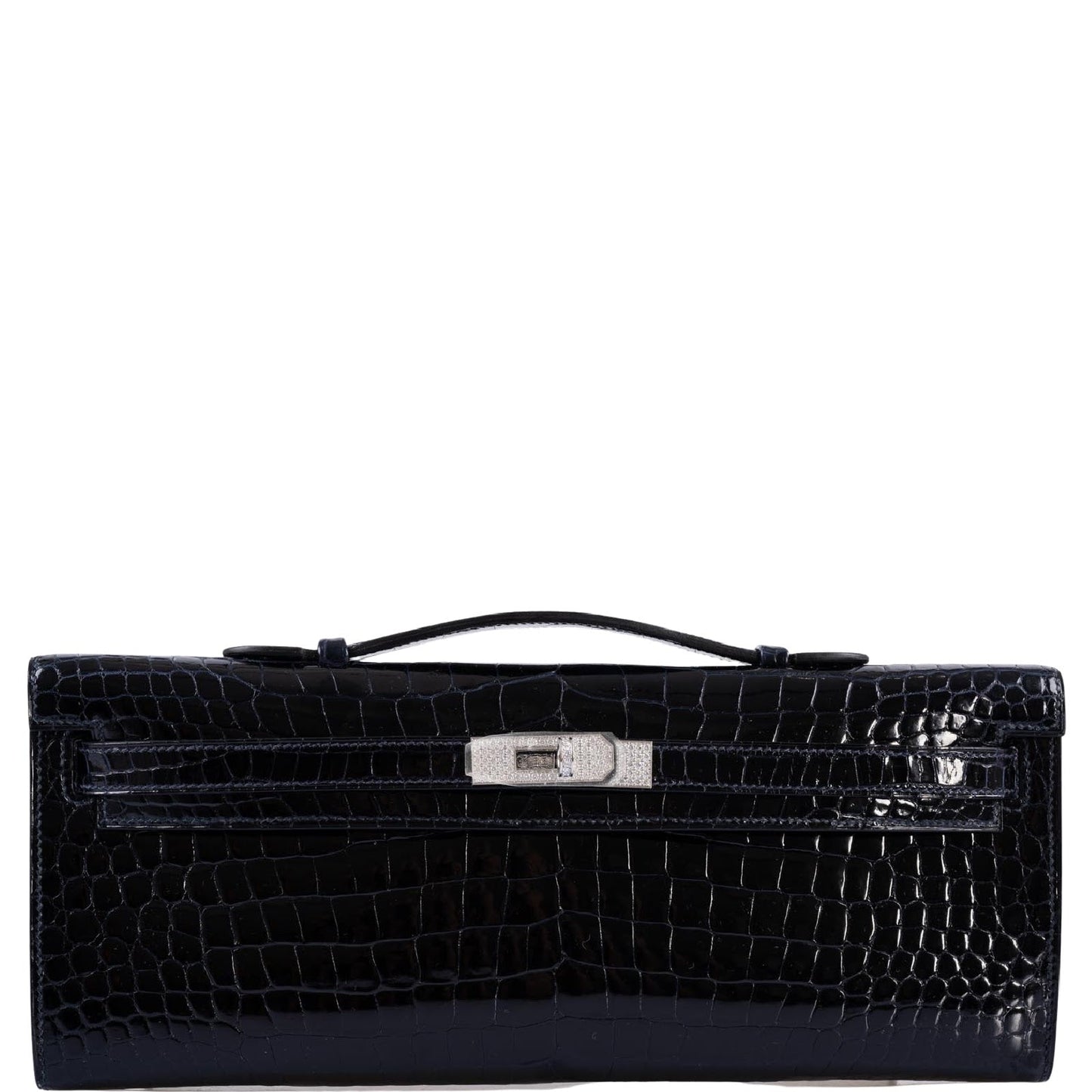 Hermès Kelly Cut Blue Marine Porosus Crocodile with Diamond and White Gold Hardware