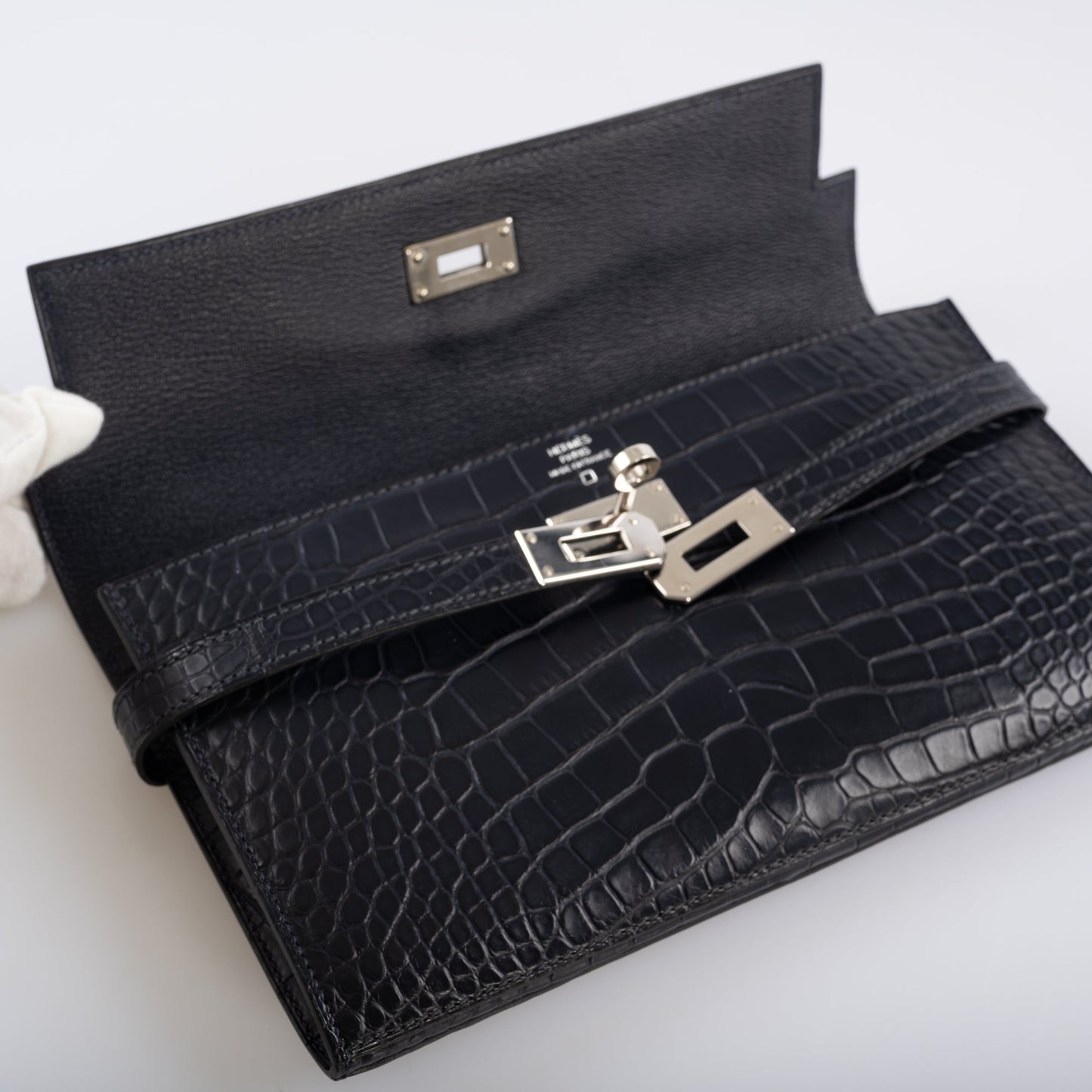 Hermès Kelly Longue Wallet Blue Marine Matte Alligator with Palladium Hardware