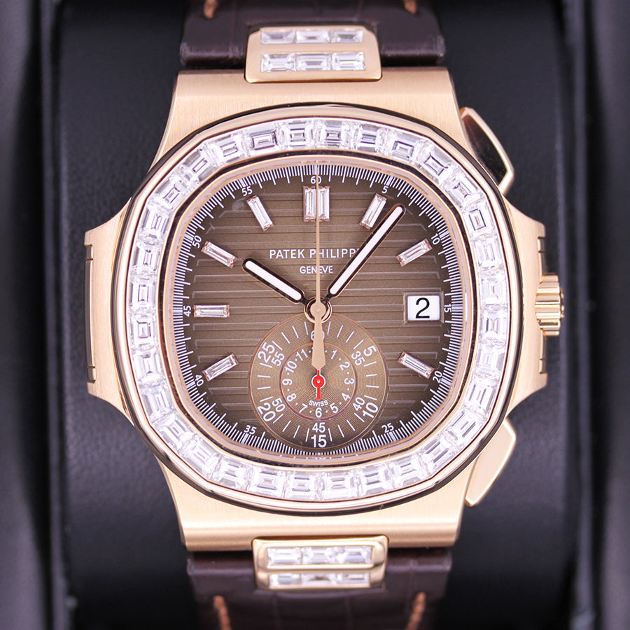 Patek Philippe Nautilus Chronograph 40mm 5980R Custom Diamond Baguette Setting Brown Dial Pre-Owned