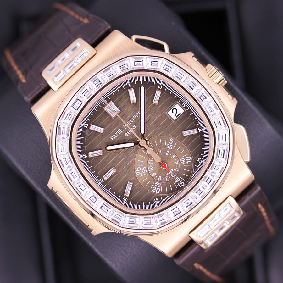 Patek Philippe Nautilus Chronograph 40mm 5980R Custom Diamond Baguette Setting Brown Dial Pre-Owned