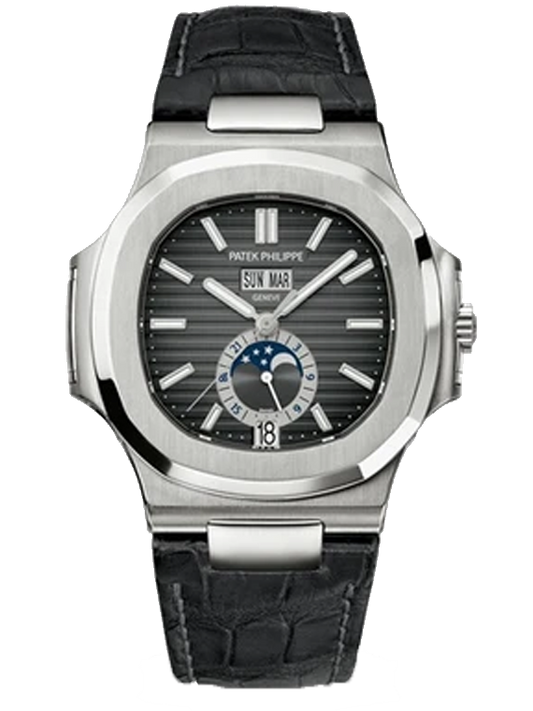 Patek Philippe Nautilus 5726A-001 Stainless Steel Moon Phase Black Leather Strap