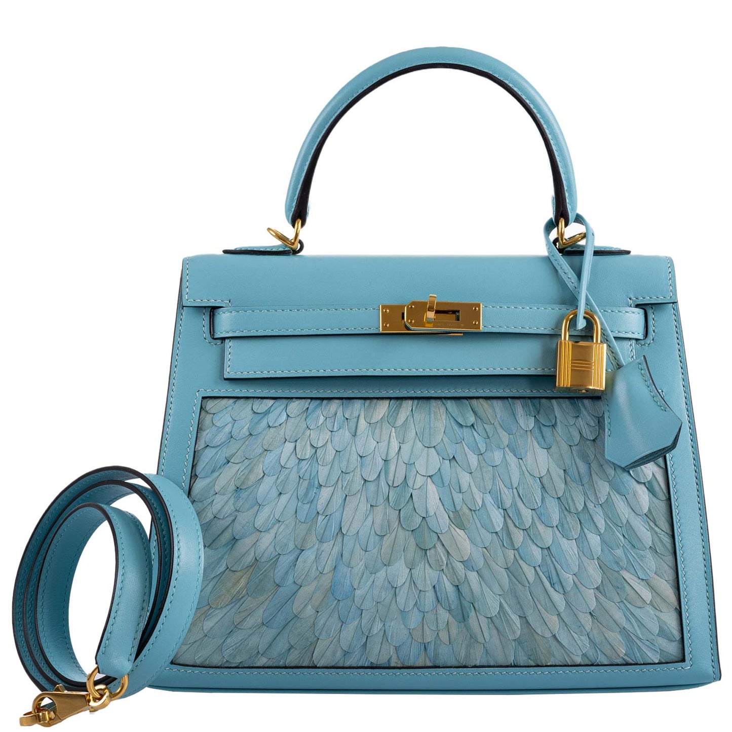 Vintage Hermès Kelly 25 Sellier Blue Atoll Tadelakt with Custom Feather Panel Gold Hardware