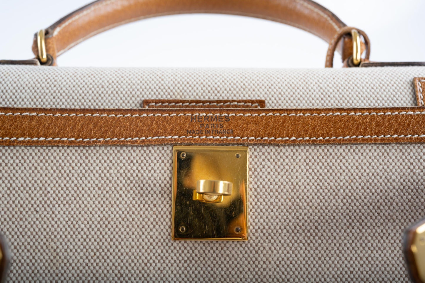 Vintage Hermès Kelly 28 Sellier Naturel & Écru Toile H and Peau Porc Gold Hardware