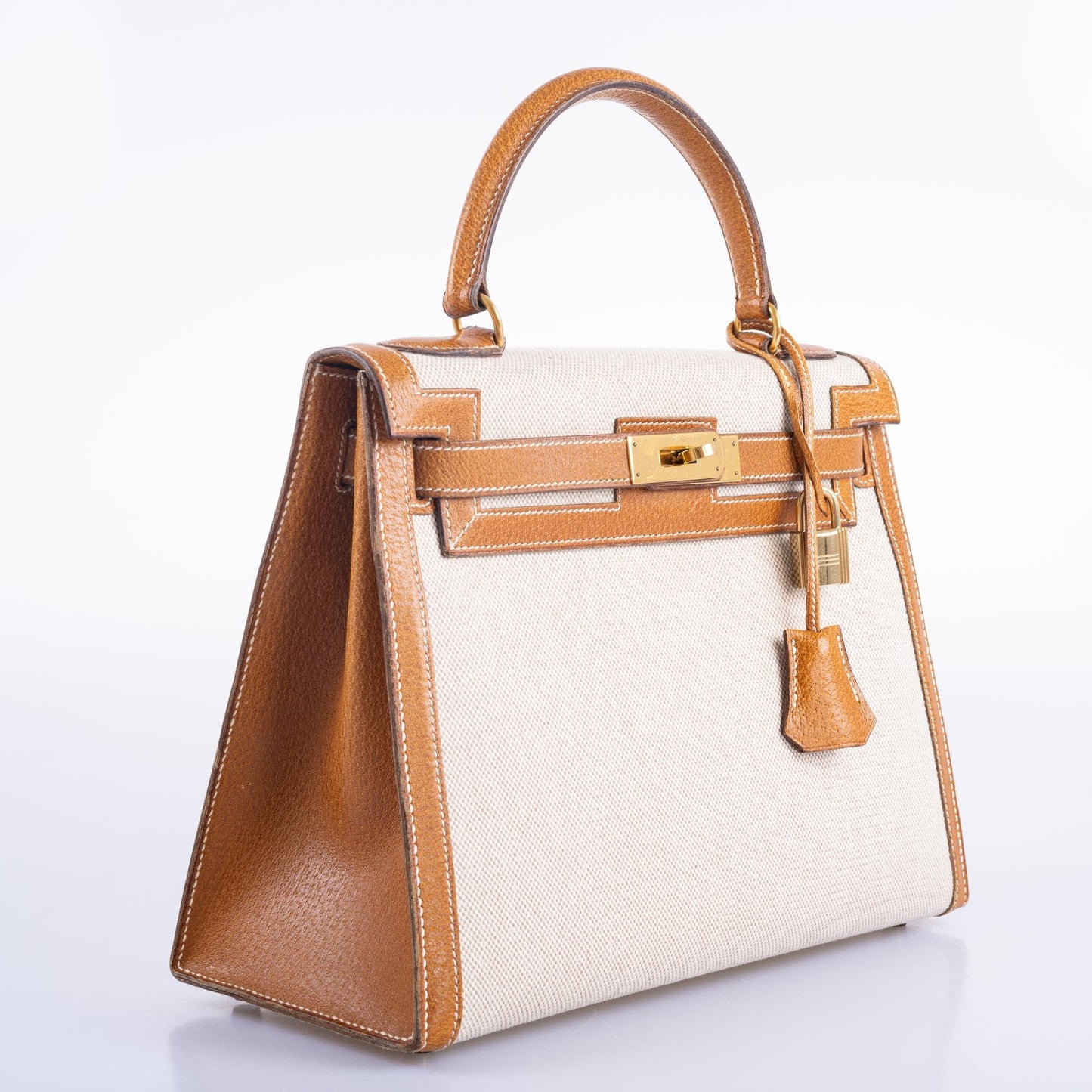Vintage Hermès Kelly 28 Sellier Naturel & Écru Toile H and Peau Porc Gold Hardware