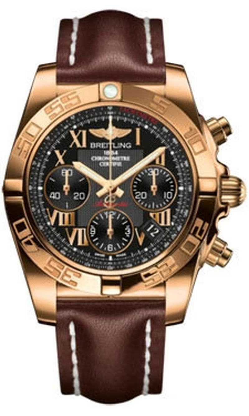 '- Chronomat 41 Rose Gold Polished Bezel - Leather Strap