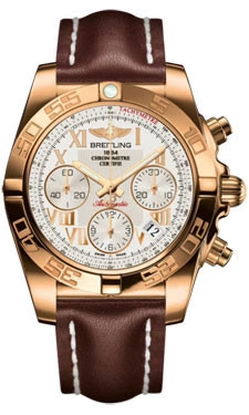 '- Chronomat 41 Rose Gold Polished Bezel - Leather Strap