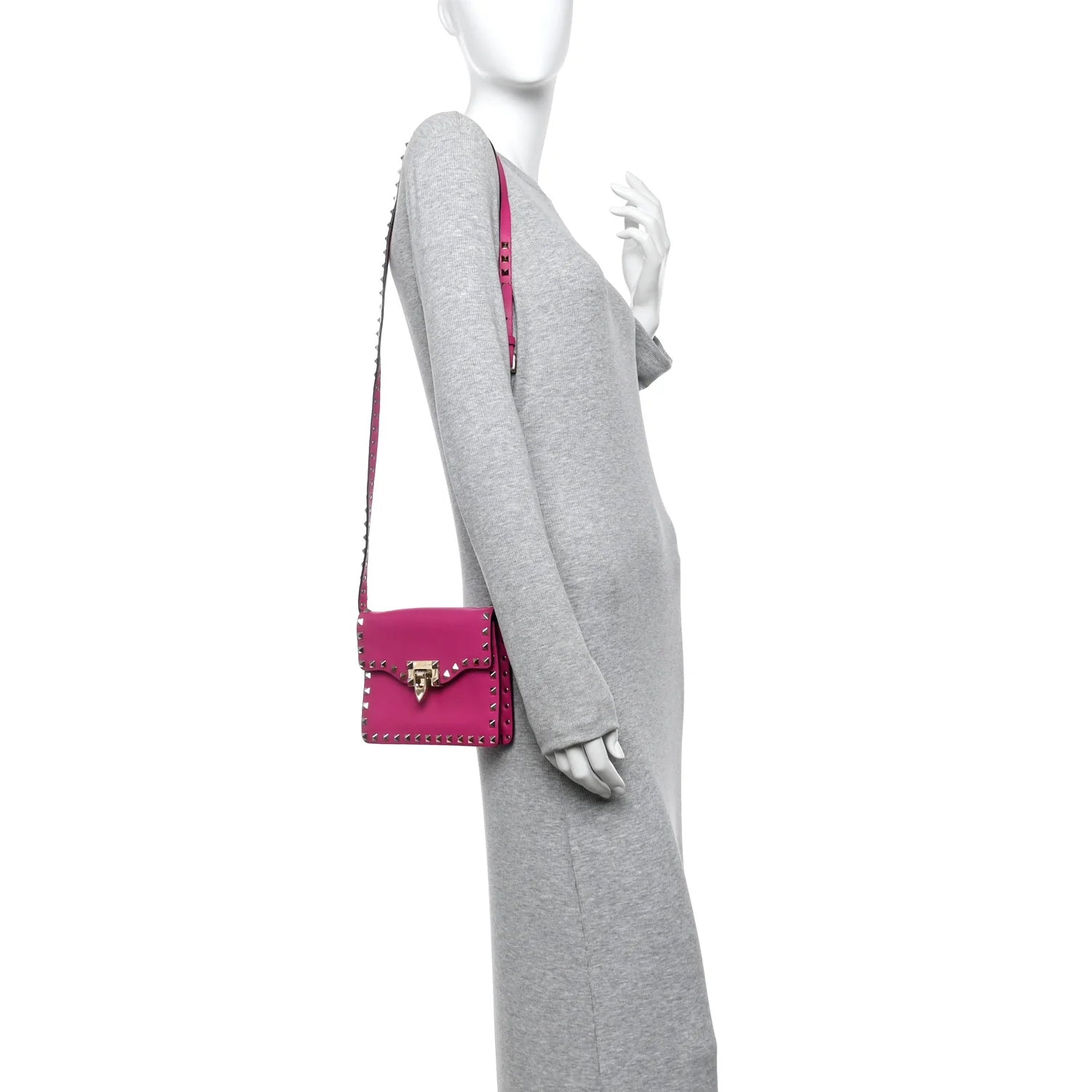 Vitello Small Rockstud Flip Lock Crossbody Bag Fuxia