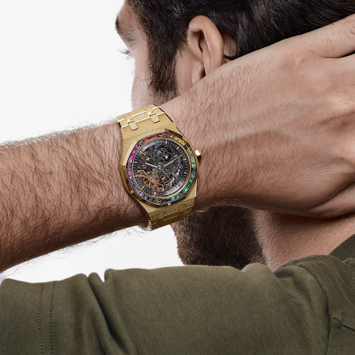 Audemars Piguet Royal Oak 15412BA.YG.1224BA.01 Frosted Yellow Gold Double Balance Wheel Rainbow Bezel