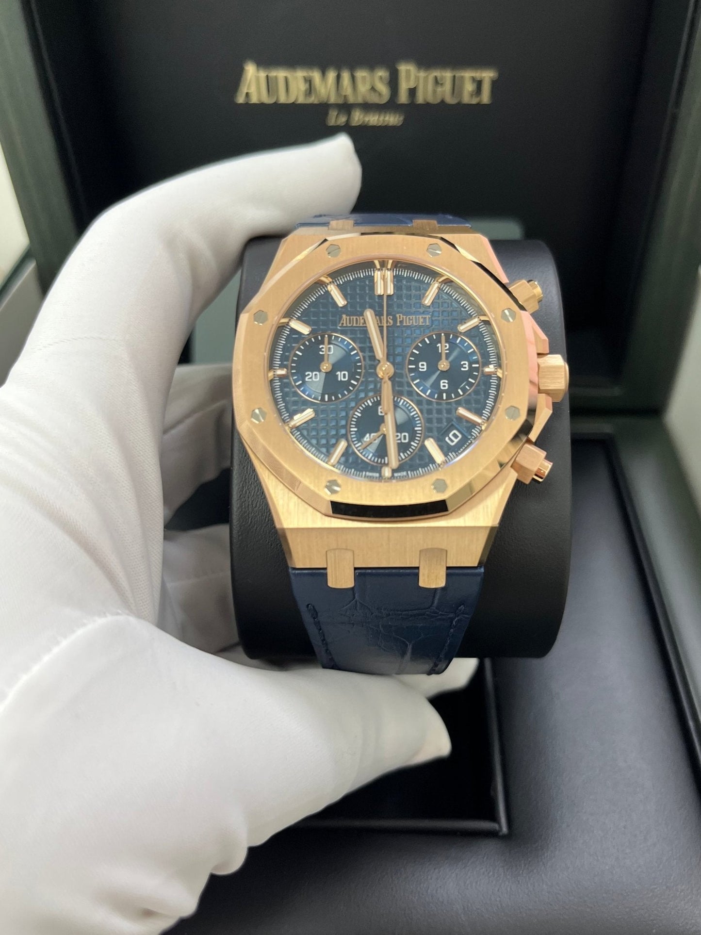 Audemars Piguet Royal Oak Chronograph 41mm 18k Rose Gold Blue Dial On Leather 26240OR.OO.D315CR.02