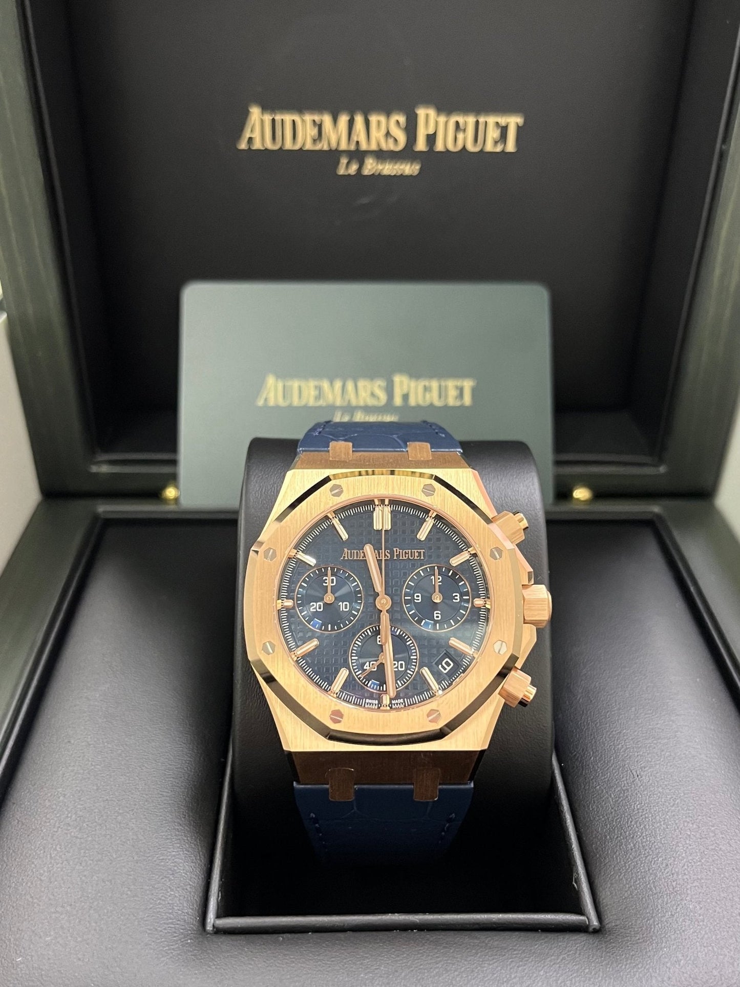 Audemars Piguet Royal Oak Chronograph 41mm 18k Rose Gold Blue Dial On Leather 26240OR.OO.D315CR.02
