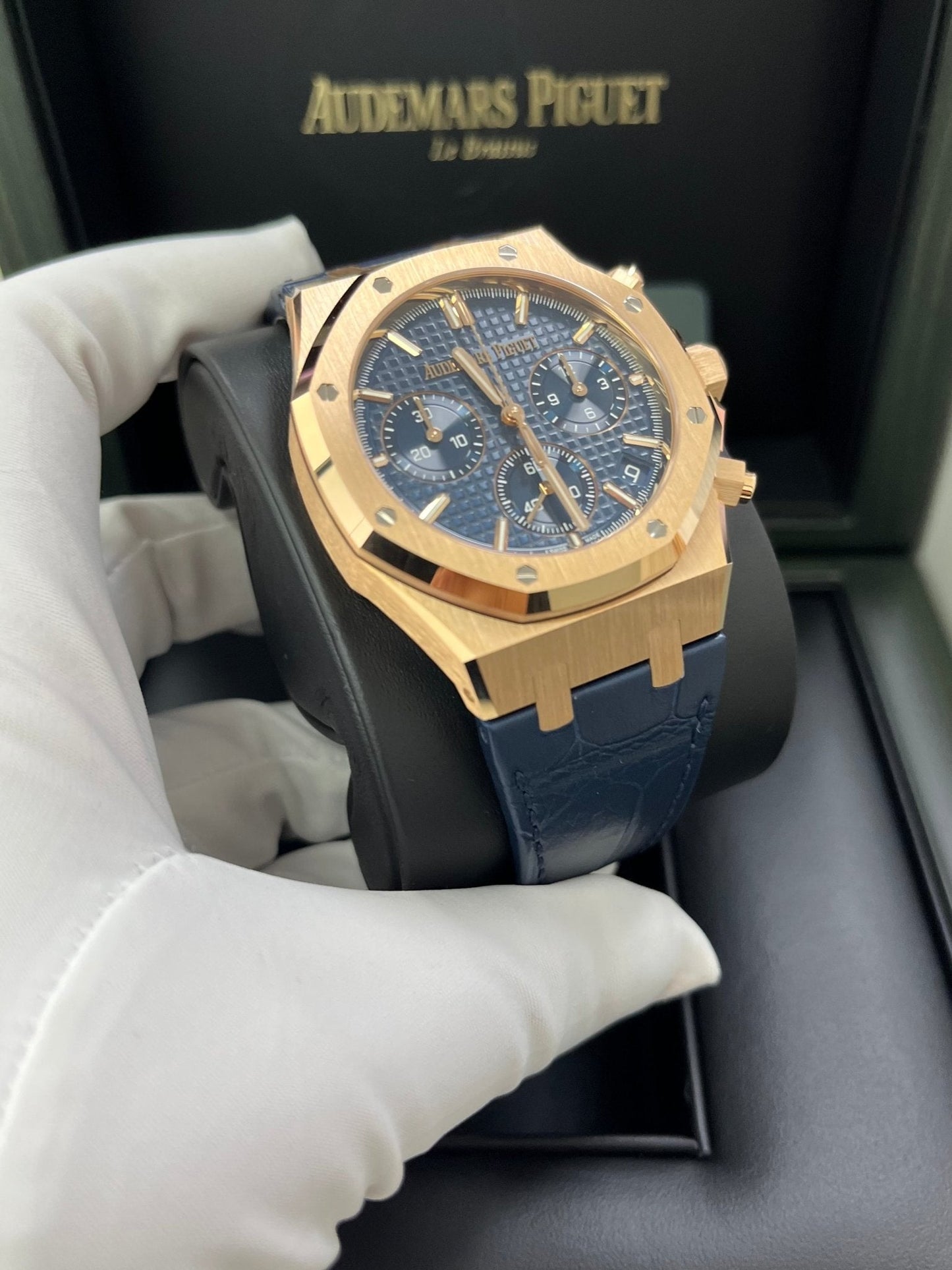 Audemars Piguet Royal Oak Chronograph 41mm 18k Rose Gold Blue Dial On Leather 26240OR.OO.D315CR.02