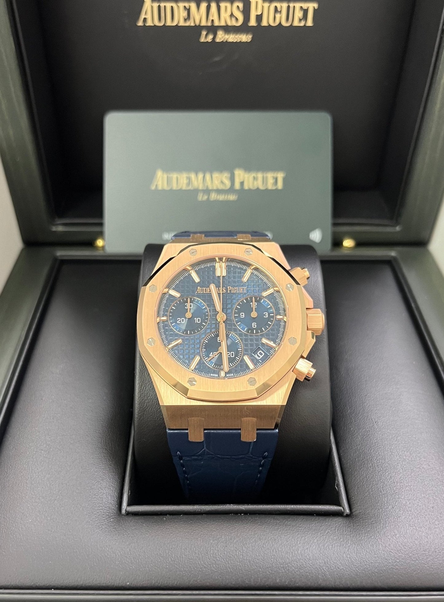 Audemars Piguet Royal Oak Chronograph 41mm 18k Rose Gold Blue Dial On Leather 26240OR.OO.D315CR.02